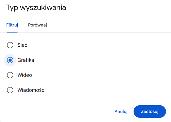 Panel wyboru typu wyszukiwania Google z zaznaczoną opcją Grafika i przyciskiem Zastosuj