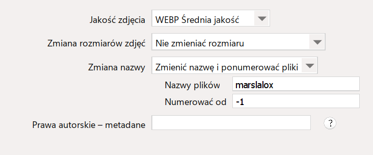 Panel ustawień eksportu zdjęć z opcjami jakości, zmiany rozmiaru, nazwy plików i metadanych SEO