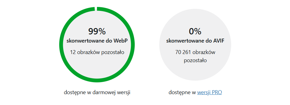 Wykres konwersji obrazów: 99% do WebP i 0% do AVIF, z liczbą pozostałych obrazków.
