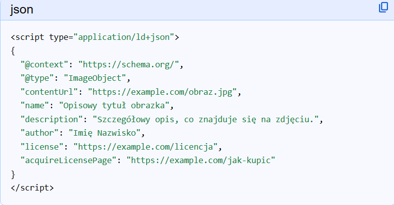 Przykład struktury JSON-LD dla obrazka z polami schema.org, m.in. name, description i author