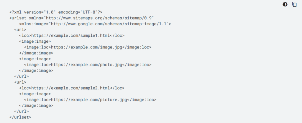 Fragment kodu XML mapy witryny z tagami url i image dla obrazów.