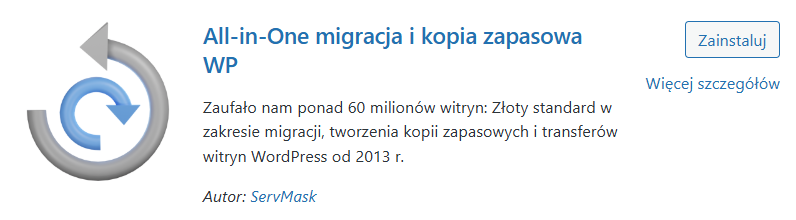 Ikona wtyczki All-in-One migracja i kopia zapasowa WP z przyciskiem Zainstaluj w WordPressie