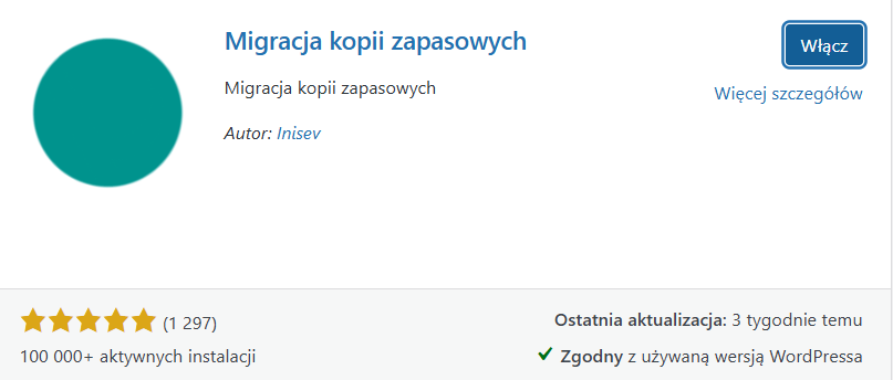 Wtyczka WordPress „Migracja kopii zapasowych” z przyciskiem Włącz i informacją o ocenach oraz aktywnych instalacjach