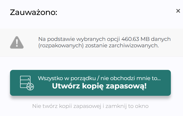 Okno dialogowe kopii zapasowej z komunikatem o archiwizacji 460,63 MB danych i przyciskiem Utwórz kopię zapasową