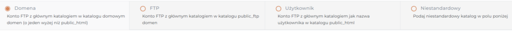 Panel wyboru katalogu FTP: Domena, FTP, Użytkownik i Niestandardowy z opisami ścieżek katalogów.