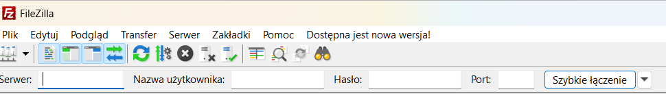 Interfejs programu FileZilla z paskiem szybkiego łączenia, polskim menu i polami serwera, użytkownika, hasła oraz portu