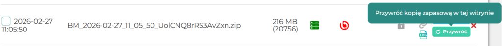 Widok listy kopii zapasowej z plikiem ZIP, datą 2026-02-27, rozmiarem 216 MB i przyciskiem Przywróć