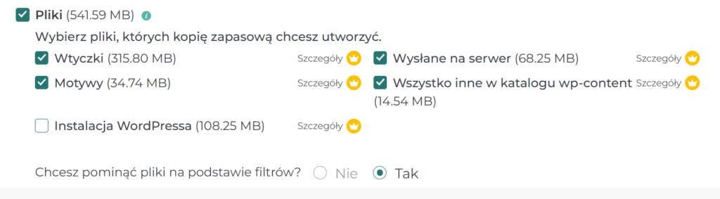Zaznaczanie plików kopii zapasowej WordPress: wtyczki, motywy, media i instalacja systemu