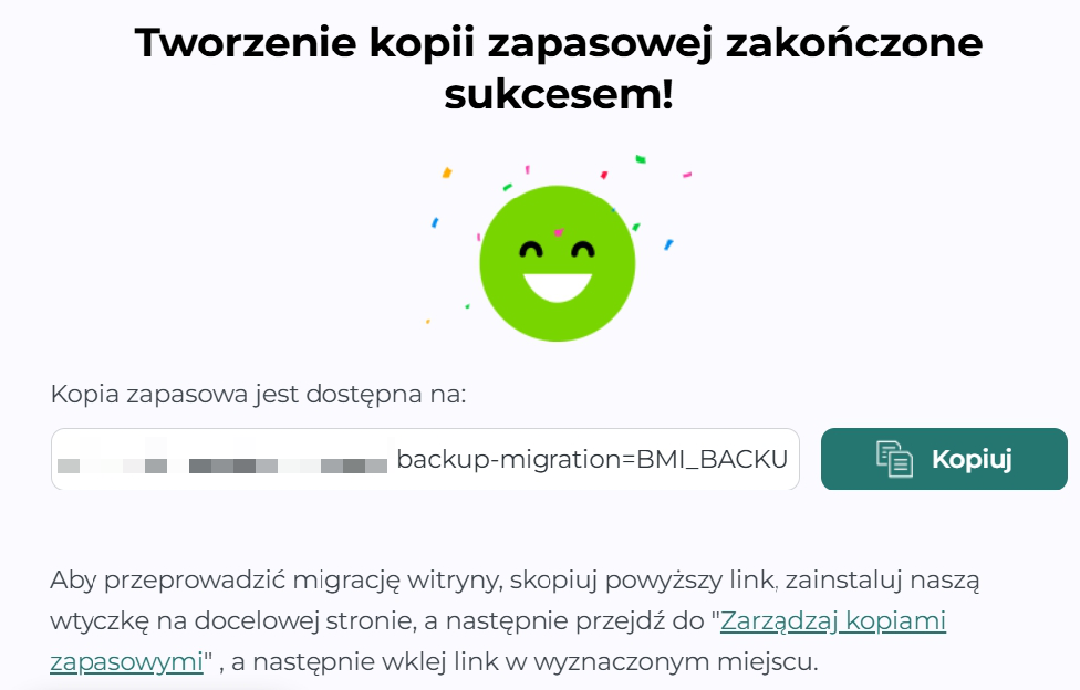 Tworzenie kopii zapasowej zakończone sukcesem, z linkiem do backupu i przyciskiem Kopiuj