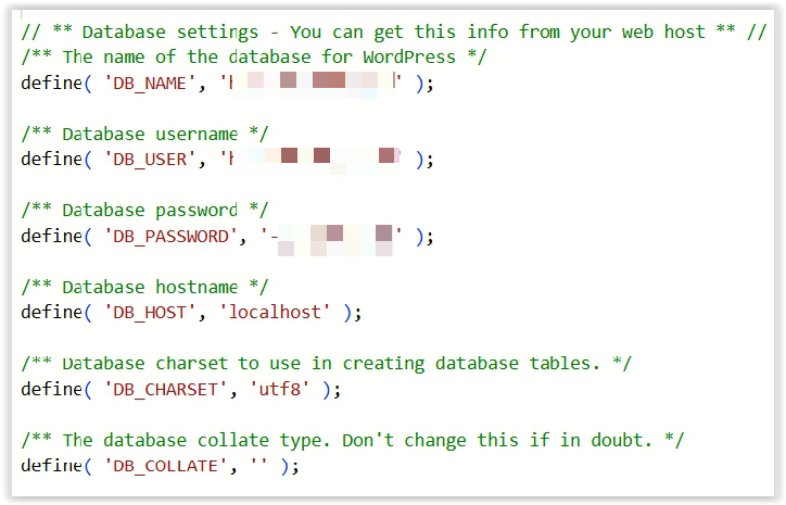 Kod konfiguracji WordPress z ustawieniami bazy danych: DB_NAME, DB_USER, DB_PASSWORD, DB_HOST i charset utf8