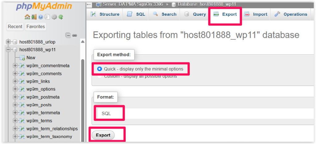Ekran eksportu bazy danych w phpMyAdmin z opcją Quick i formatem SQL