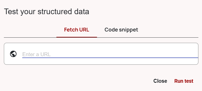 Narzędzie Google do testowania danych strukturalnych z polem „Enter a URL” i przyciskiem „Run test”