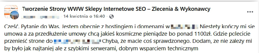 Zrzut posta o przeniesieniu strony WWW, hostingu i domeny; dyskusja w grupie Tworzenie Strony WWW Sklepy Internetowe SEO – Zlecenia & Wykonawcy.