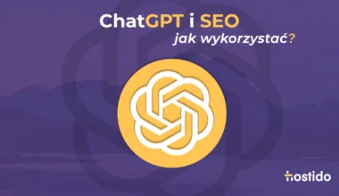 Grafika ChatGPT i SEO z pytaniem jak wykorzystać oraz logo Hostido na fioletowym tle