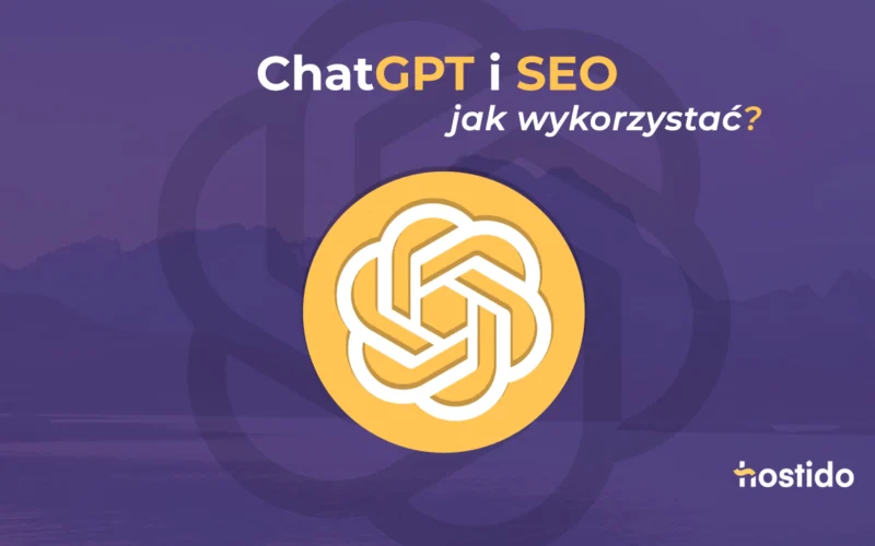 Grafika ChatGPT i SEO z pytaniem jak wykorzystać oraz logo Hostido na fioletowym tle