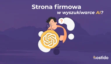 Grafika do artykułu „Strona firmowa w wyszukiwarce AI?” z logo ChatGPT i ilustracją osoby analizującej zapytanie.