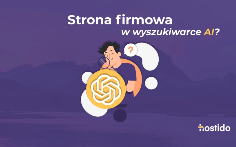 Grafika do artykułu „Strona firmowa w wyszukiwarce AI?” z logo ChatGPT i ilustracją osoby analizującej zapytanie.