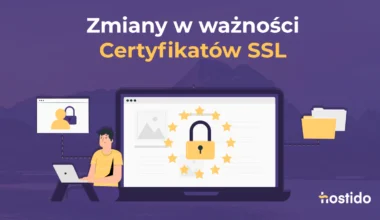 Grafika do artykułu o zmianach w ważności certyfikatów SSL: laptop, kłódka i ikony bezpieczeństwa na fioletowym tle.