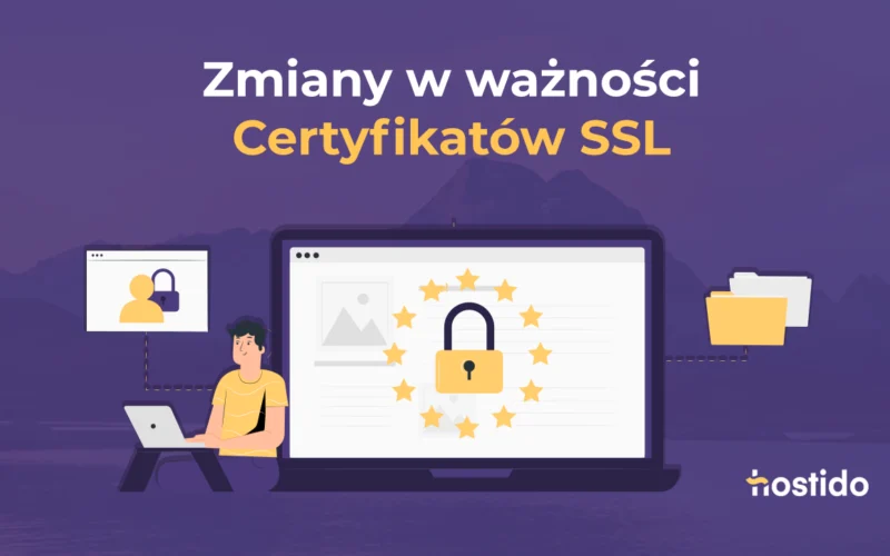 Grafika do artykułu o zmianach w ważności certyfikatów SSL: laptop, kłódka i ikony bezpieczeństwa na fioletowym tle.