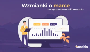 Grafika do artykułu „Wzmianki o marce”: narzędzia do monitorowania, z ekranem analitycznym, wykresem i marketerem przy laptopie.