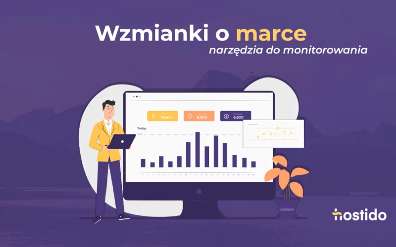 Grafika do artykułu „Wzmianki o marce”: narzędzia do monitorowania, z ekranem analitycznym, wykresem i marketerem przy laptopie.