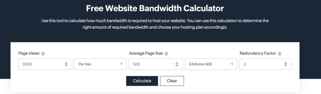 Zrzut ekranu kalkulatora przepustowości strony internetowej do doboru hostingu i szacowania wymaganej bandwidth.